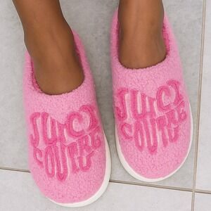 Juicy Couture Fluffy Slip On Cozy House Shoe Slippers Lounge Pink Size 7 7.5 ?‎